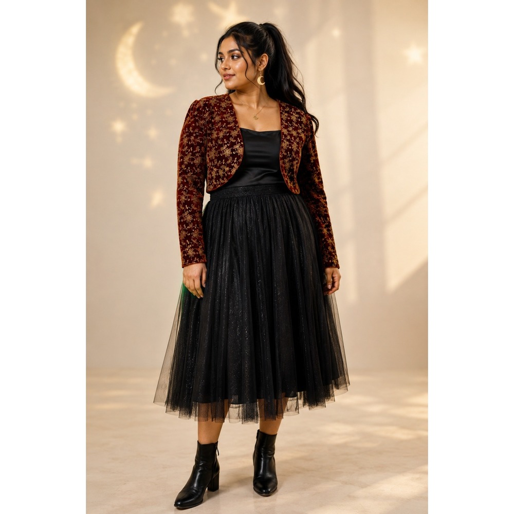Boho Whimsigoth Y2K 80s Dark Orange Brown Velvet Gold Floral Bolero 12 Jacket